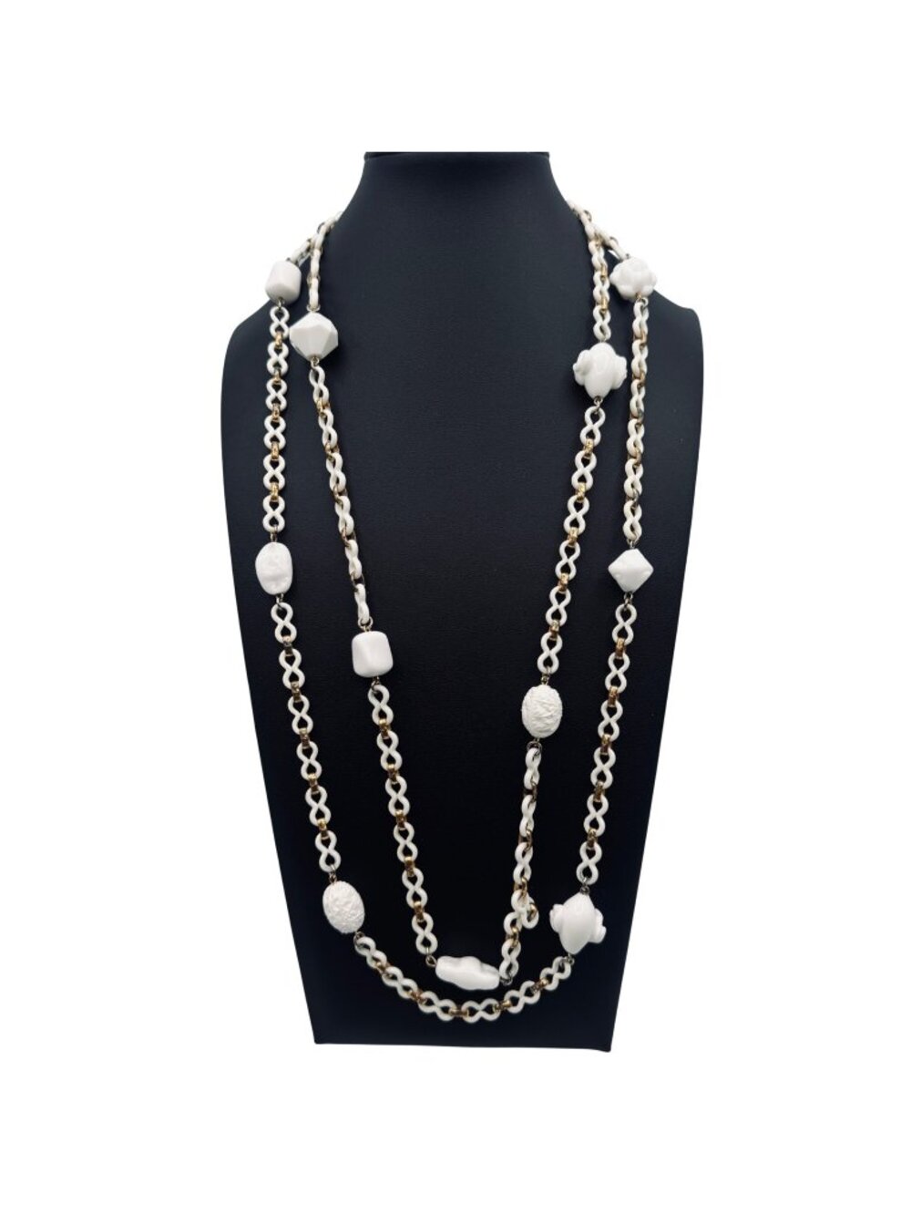 Vintage White Milk Glass & Acrylic Charm Necklace 30" Drop Mid-Century Statement
